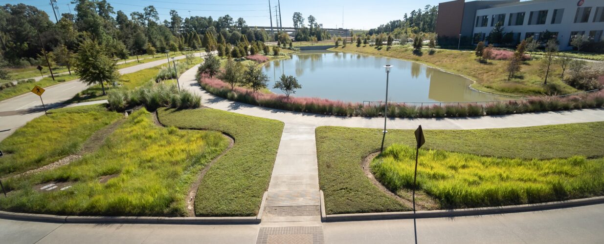 City Place aerial view of lake and landscape by road