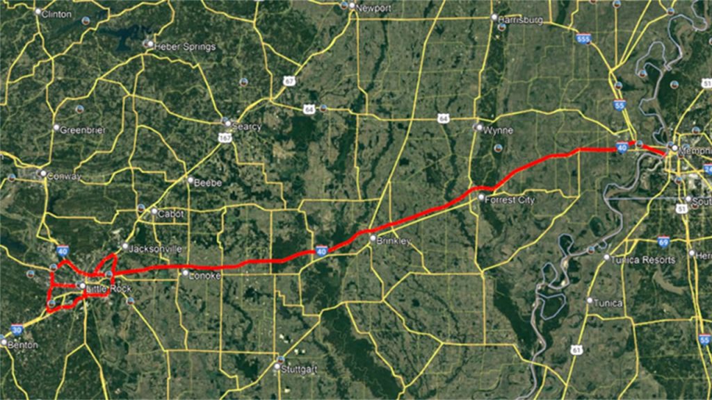 Map of AR Wrong Way Detection project from Arkansas to Tennessee