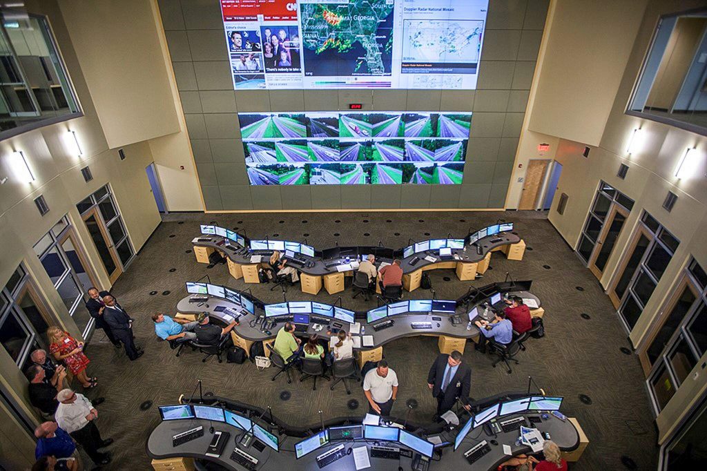 Transportation Management Center (TMC) view of screens and computers at Bay County