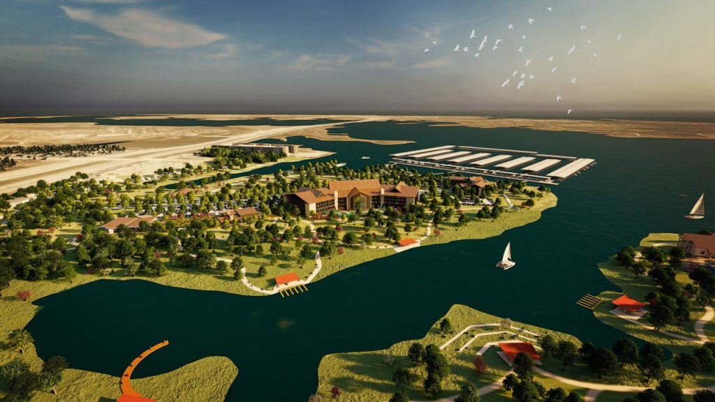 Rendering of Lewisville Lake hotel at a bird's eye view