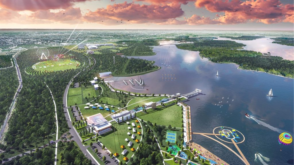 Rendering of the Walter E. Long Metro Park Master Plan at sunset by the lake